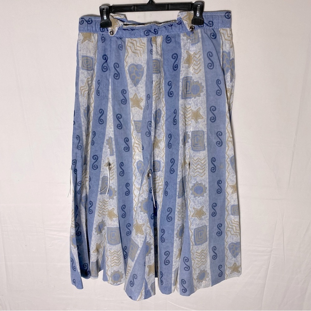 Vintage Handmade Blue White Beige Striped Multi Print Western Midi Skirt XL